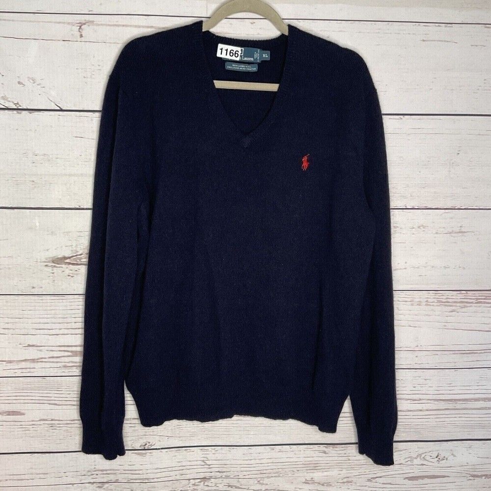 Polo Ralph Lauren Men's Dark Blue 100% Lambs Wool V-Neck Sweater Size XL